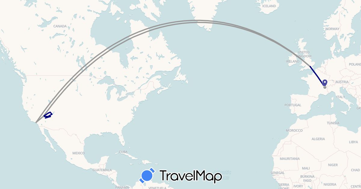 TravelMap itinerary: driving, plane in France, United Kingdom, United States (Europe, North America)